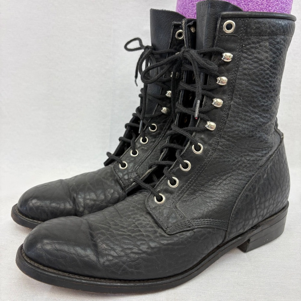 Boulet Packer Lace Up Boots Shrunken Bullhide Leather 4059 Size 8 Men Black